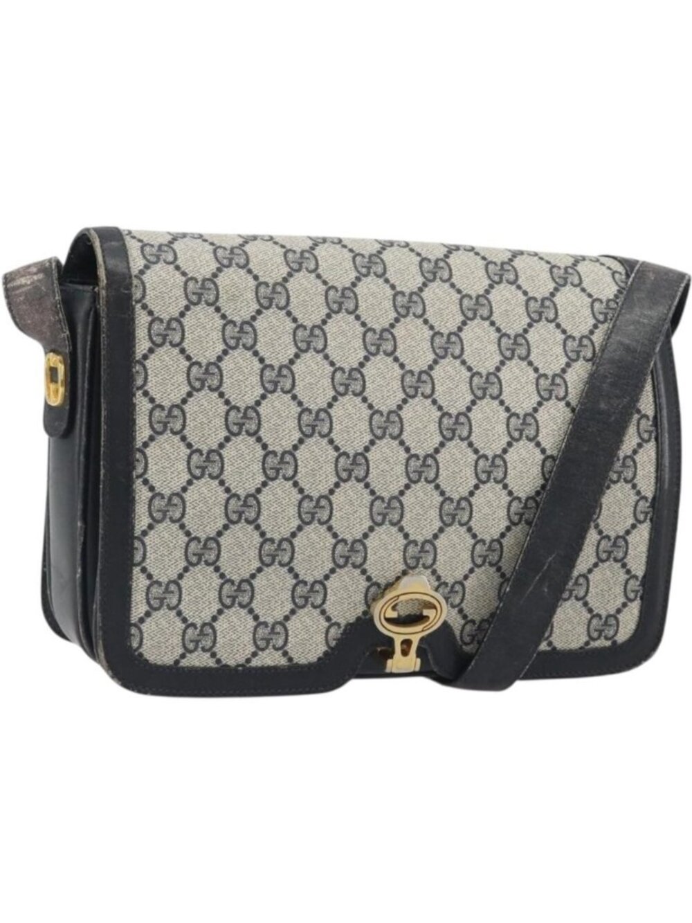 GUCCI GG Supreme Shoulder Bag PVC Leather Navy Gold Tone
